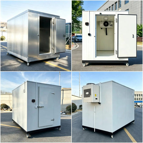 Shop Grade Modular Walk In Cooler And Freezer Combo For Restaurant Food Storage Quick Snap Together Insulated Cold Room Kit, exterior view with double doors.