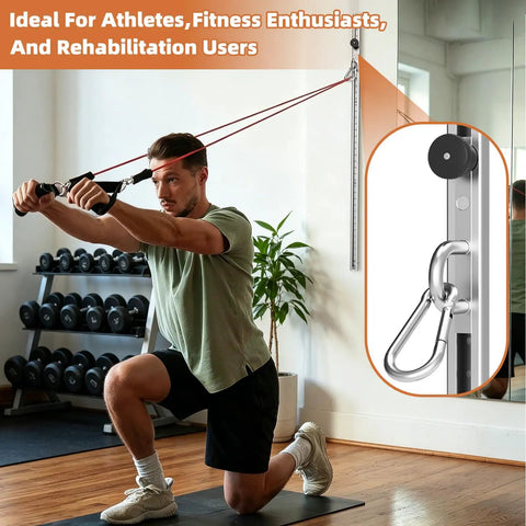 Man using Adjustable Resistance Band Wall Mount System Heavy Duty Steel Anchor Kit For Home Gym in a fitness setup.