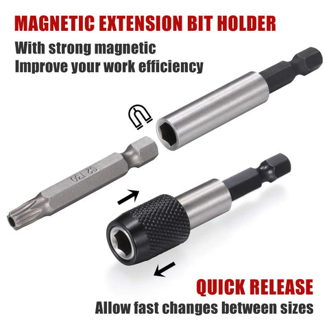 Magnetic extension bit holder with quick release from 214 Piece Screwdriver Bit Set In S2 Steel With Quick Release Extension.