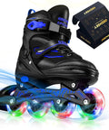 Black adjustable kids inline skates for boys and girls aged 4 to 12 with lit up wheels, featuring four size settings, beside packaging.