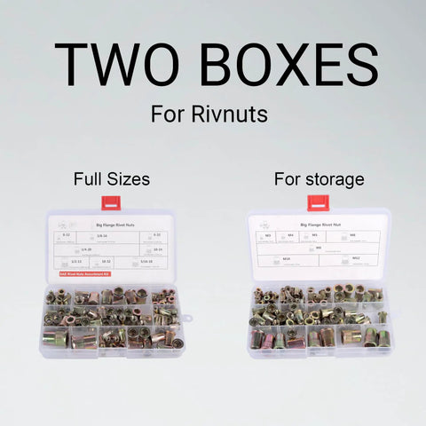 Two open boxes of rivet nuts, visible sizes labeled, for Pro Grade Rivet Nut Tool Kit With Sixteen Inch Gun, Fifteen Mandrels, And Two Hundred Nutserts For Automotive And Metal Repair, Includes SAE And Metric Sizes From M3 To M12 And Inch Sizes One Quarter To One Half.