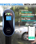 Tesla Level 2 48 Amp EV Charger With App Control showing screen and smartphone app for remote charging monitoring
