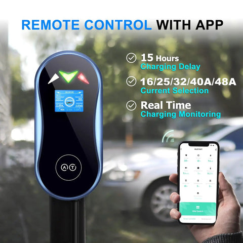 Tesla Level 2 48 Amp EV Charger With App Control showing screen and smartphone app for remote charging monitoring