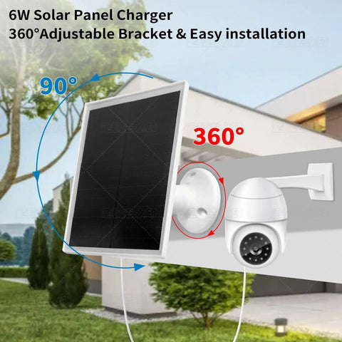 6W Solar Panel Charger with 360 Degree Adjustable Security Mount installed outdoors near a modern house