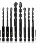 Front view of Masonry Drill Bits Set 10Pcs for Concrete Stone Brick Tile Glass Plastic Ceramic and Wood, sizes 5/32 to 1/2 Inch.