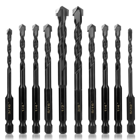 Front view of Masonry Drill Bits Set 10Pcs for Concrete Stone Brick Tile Glass Plastic Ceramic and Wood, sizes 5/32 to 1/2 Inch.