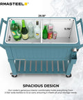 Top view of Party Cooler With Divider And Locking Lid, 80-Qt Rolling Ice Chest For Indoor Outdoor Entertaining, Matte Teal Finish.