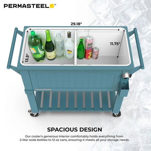 Top view of Party Cooler With Divider And Locking Lid, 80-Qt Rolling Ice Chest For Indoor Outdoor Entertaining, Matte Teal Finish.
