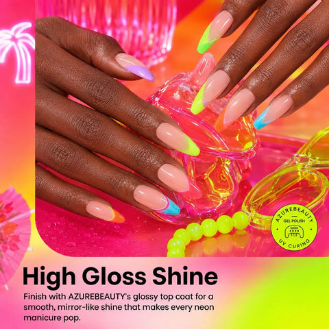 Six Color Neon Gel Nail Polish Set 15ml HEMA Free Soak Off UV LED Kit with bright manicure and neon accessories.
