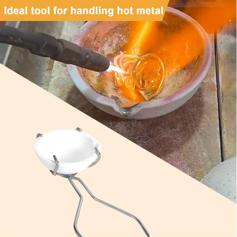 Top Shelf Graphite Crucible Set For Melting Metal Includes Six Heavy Duty Clay Pots And Two Heat Proof Casting Tongs, Straight Fire High Temp Silversmithing Toolkit For Jewelry Making Jobs being used for metal pouring.