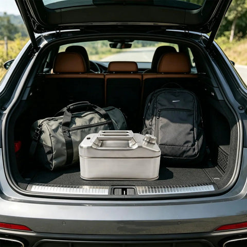 Heavy Duty 304 Stainless Steel Water Storage Canister 10 Liter Liquid Container in car trunk with bags.