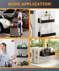 Two Pack Magnetic Spray Bottle Holder With Four Hooks, Wall Mounted Organizer used in kitchen, garage, and laundry settings.