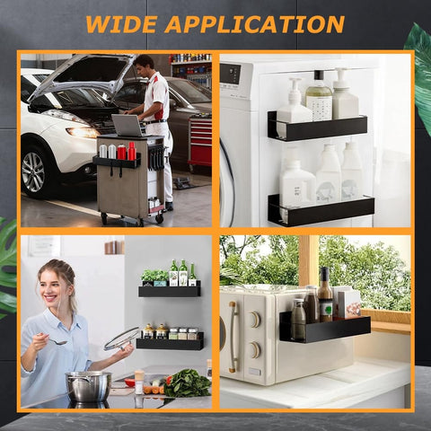 Two Pack Magnetic Spray Bottle Holder With Four Hooks, Wall Mounted Organizer used in kitchen, garage, and laundry settings.
