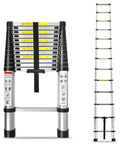 12.5ft Telescoping Aluminum Ladder With Locking Mechanism extended and folded, silver aluminum ladder for attic or home use