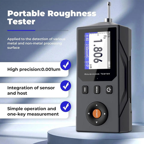 Pro Grade Surface Roughness Tester With 5 Micron Diamond Stylus, High Precision Digital Profilometer For Engineering And Lab Use, Multi Parameter Surface Finish Meter Measuring Ra Rz Rq Rt Rp Rv Rsk Rku And More, handheld front view