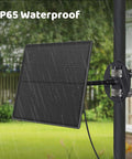 5W Solar Panel For Smart Bird Feeder Camera With Type C Charger, IP65, mounted on pole, in rainy outdoor setting.