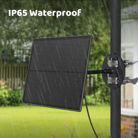 5W Solar Panel For Smart Bird Feeder Camera With Type C Charger, IP65, mounted on pole, in rainy outdoor setting.