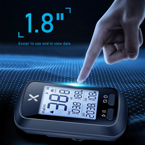 Finger pointing at 1.8-inch screen of GPS Bike Computer With Mount, Wireless Bluetooth Speedometer, ANT Plus Odometer
