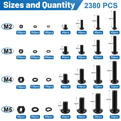 Solid As A Rock Heavy Duty Metric Hex Socket Button Head Screws Assortment Kit Including A Massive 2380 Piece Set, showing M2 to M5 sizes.