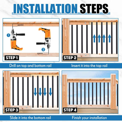 Installation steps for Heavy Duty Black Aluminum Deck Balusters 36 Inches High By 3/4 Inches Wide Pack Of 120 for porches.