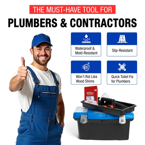 Smiling plumber with toolbox and features of Wobble Wedges 300 Pack Flexible Plastic Shims for Leveling Furniture and Fixtures