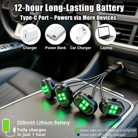 Rechargeable Interior Car LED Lights Kit With 8 Color Modes easy install shown with charging options including Type-C port