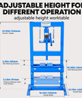 Beefy 6 10 12 And 20 Ton H Frame Hydraulic Shop Press With Adjustable Worktable And Plate Set dimensions and features