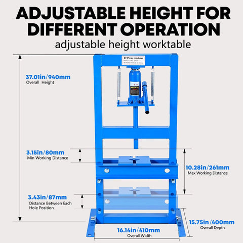 Beefy 6 10 12 And 20 Ton H Frame Hydraulic Shop Press With Adjustable Worktable And Plate Set dimensions and features