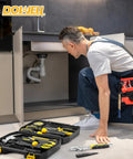 Compact 10 Piece Small Tool Kit Set With Portable Plastic Storage Case for Home Repairs visible next to a man fixing plumbing