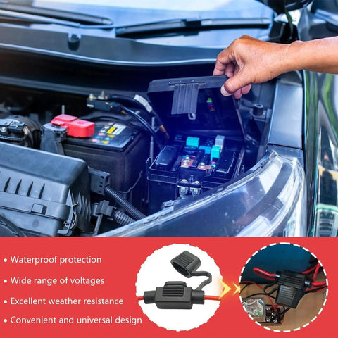 Heavy Duty Automotive Replacement Fuse Holders Waterproof Pvc Shell Top Shelf Electrical Connectors For Vehicle Wiring Systems Moisture Resistant And Built Tough To Handle Any Backroad Journey Or Beater Car Mod, showing a person accessing a fuse box under the car hood.