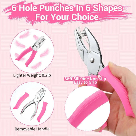 Six Piece Craft Hole Punch Set For Scrapbooking And Binders, 1/4 And 3/16 Inch Handheld Punch with Soft Silicone Grip in use