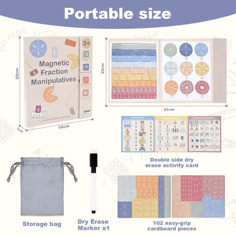 Hands On Fraction Learning Puzzle Set With Magnetic Tiles And Fraction Circles For Kids, Kid Friendly Math Manipulatives, storage bag and dry erase marker shown