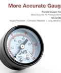 SNS air compressor pressure regulator with gauge, 0-150 psi, 1/4 in NPT female thread, black metal housing (front view)