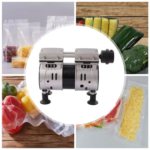 Heavy Duty Dual Cylinder Oil Free Vacuum Pump With Slick 110V Copper Motor 1440RPM in center with vacuum sealed food products.