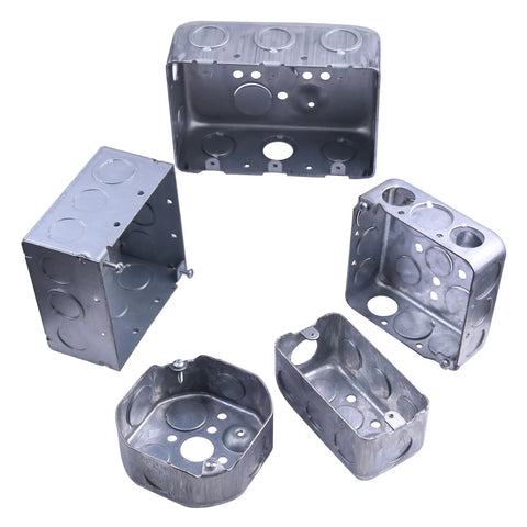 Square Metal Electrical Junction Box 4x4 Inches Two One Eighth Inches Deep Galvanized Steel Drawn Construction With Knockouts