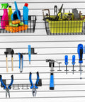 Slatwall Organizer Kit 28 Piece Set With Hooks In 4 6 And 8 Inch Sizes Bins Baskets Cups And Screwdriver Holders For Garage Or Workshop Tool Storage Black