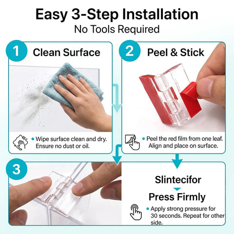 Three-step installation guide for Six Pack Clear Acrylic Self Adhesive Hinges 2.5x1.5 Inch for DIY projects and repairs.