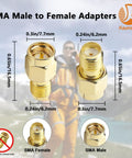 SMA Male To SMA Female FPV Antenna Adapter 2 Pack Coaxial Cable Connector Low Loss 50 Ohm, size and dimensions labeled.