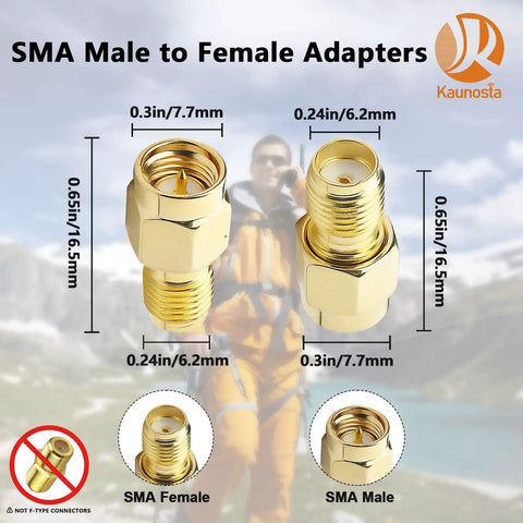 SMA Male To SMA Female FPV Antenna Adapter 2 Pack Coaxial Cable Connector Low Loss 50 Ohm, size and dimensions labeled.