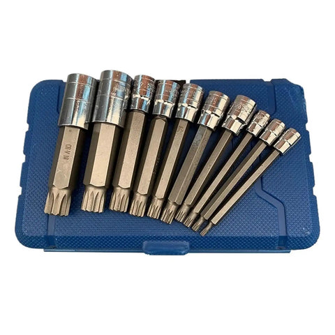 Premium 10 Pc Impact Socket Set With Spline Wrench Heads In 1 4 3 8 And 1 2 Inch Sizes Featuring Heavy Duty 12 Point Teype Design For Rusted Bolts Plus Torx Bits For Major Auto Projects, blue case
