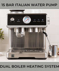Espresso Machine With Auto Tamper Auto Cleaning Milk Frother And Built In Grinder For At Home Barista Grade Cappuccinos Lattes And Macchiatos With Nine Bar Pressure Extraction And Cafe Quality Crema In Sleek Stainless Steel
