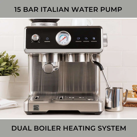 Espresso Machine With Auto Tamper Auto Cleaning Milk Frother And Built In Grinder For At Home Barista Grade Cappuccinos Lattes And Macchiatos With Nine Bar Pressure Extraction And Cafe Quality Crema In Sleek Stainless Steel
