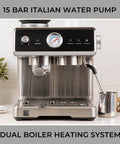 Automatic Espresso Machine With Built In Grinder And Auto Tamper For Barista Grade Morning Sips Features Nine Bar Pressure side view with dual boiler system.