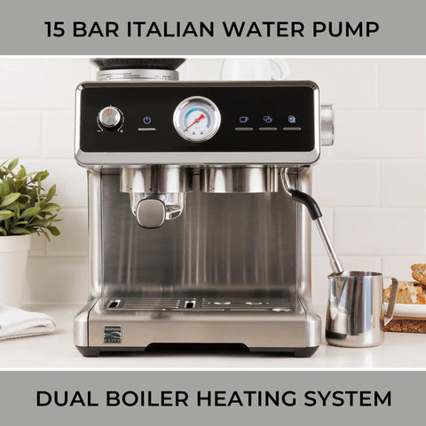 Automatic Espresso Machine With Built In Grinder And Auto Tamper For Barista Grade Morning Sips Features Nine Bar Pressure side view with dual boiler system.