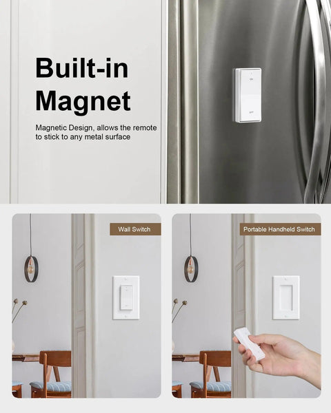 Wireless Light Switch Kit With Receiver For No In-Wall Wiring on metal surface and wall, handheld and installed views.