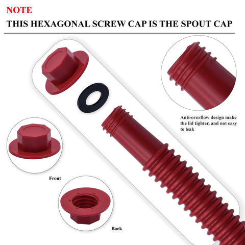 Red Gas Can Spout Replacement Kit For Half Five And Ten Gallon Cans With Two Different Sized Screw Collar Caps and spout