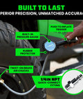 Three In One Tire Inflator And Gauge With Heavy Duty Air Chuck Braided Stainless Hose Large Analog Dial Solid Brass Fittings in use
