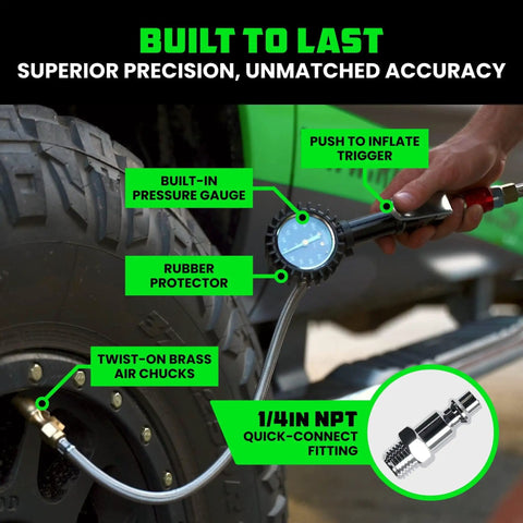 Three In One Tire Inflator And Gauge With Heavy Duty Air Chuck Braided Stainless Hose Large Analog Dial Solid Brass Fittings in use