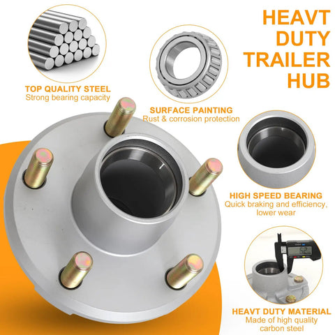 Heavy Duty 2000 Lb Galvanized Trailer Idler Hub Kit with diagram highlighting steel, surface painting, and high-speed bearing.