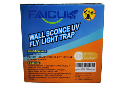 Silent Wall Sconce Fly Light Trap Kills Mosquitoes Moths And Gnats With Uv Glue Boards Quiet Indoor Pest Control box packaging with specifications.